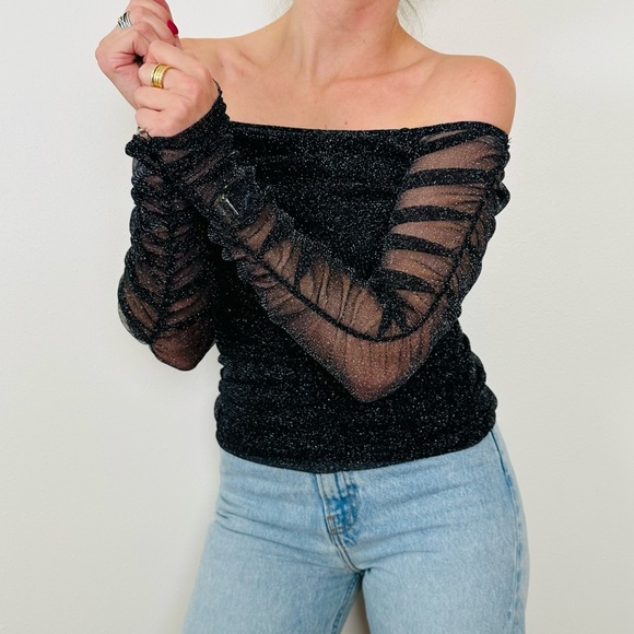 Forever 21 black silver long sleeve off-the-shoulder ruched mesh blouse top - Picture 4 of 7